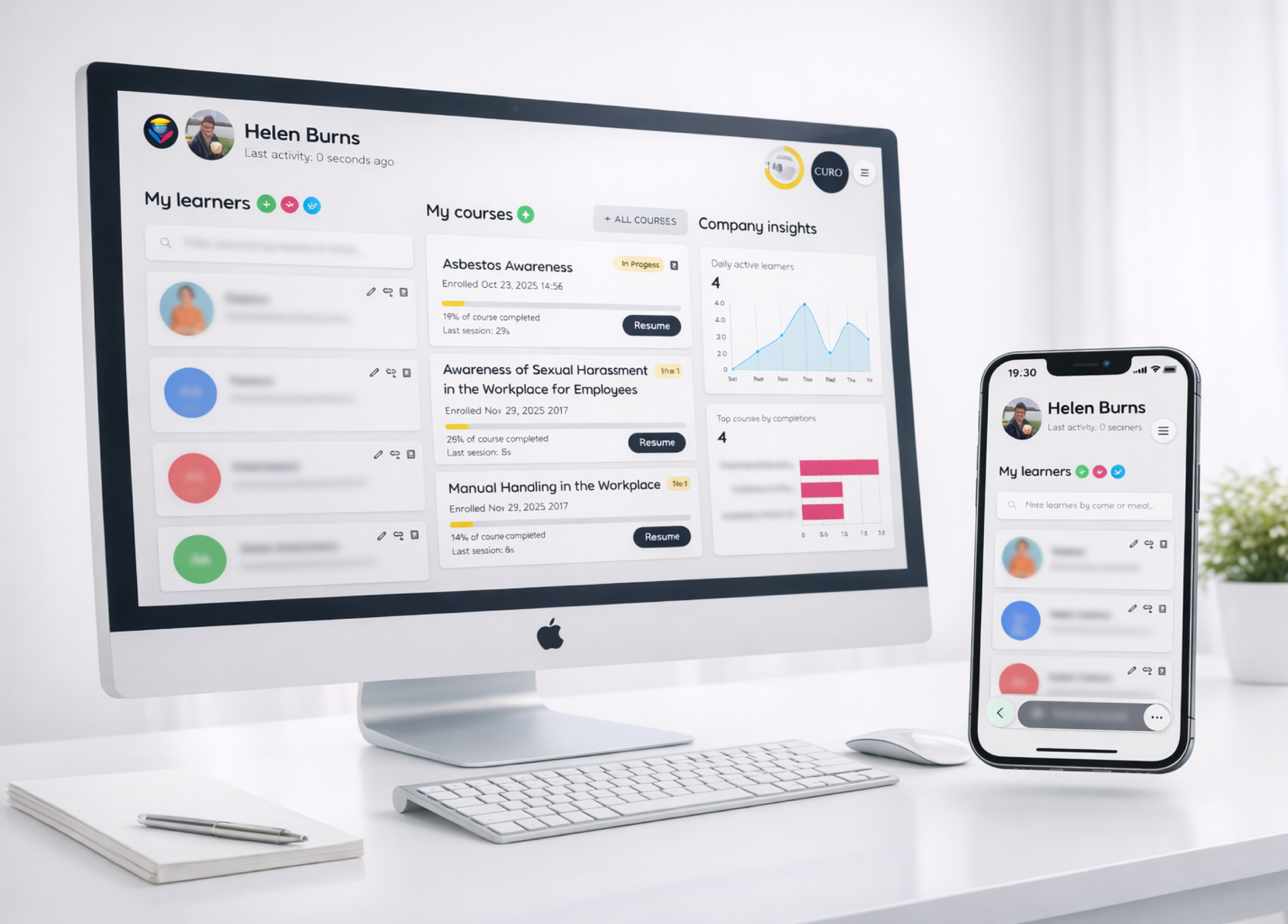 Tablet displaying a dashboard with user data and graphs
